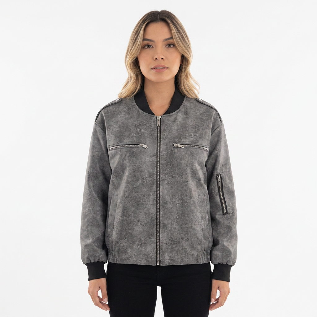Chaqueta Bomber Cremalleras Efecto Envejecido