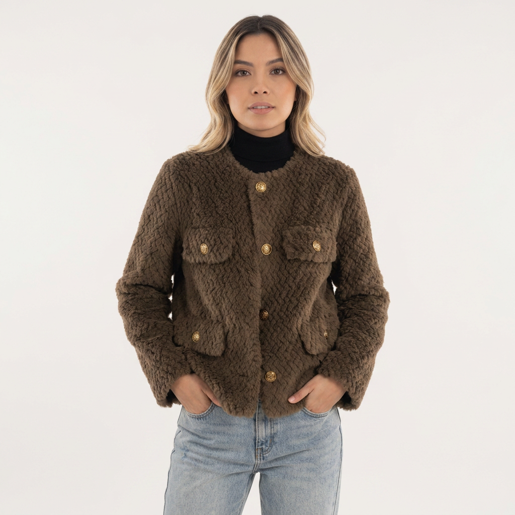 Chaqueta Cuello Redondo Bolsillos con Botones