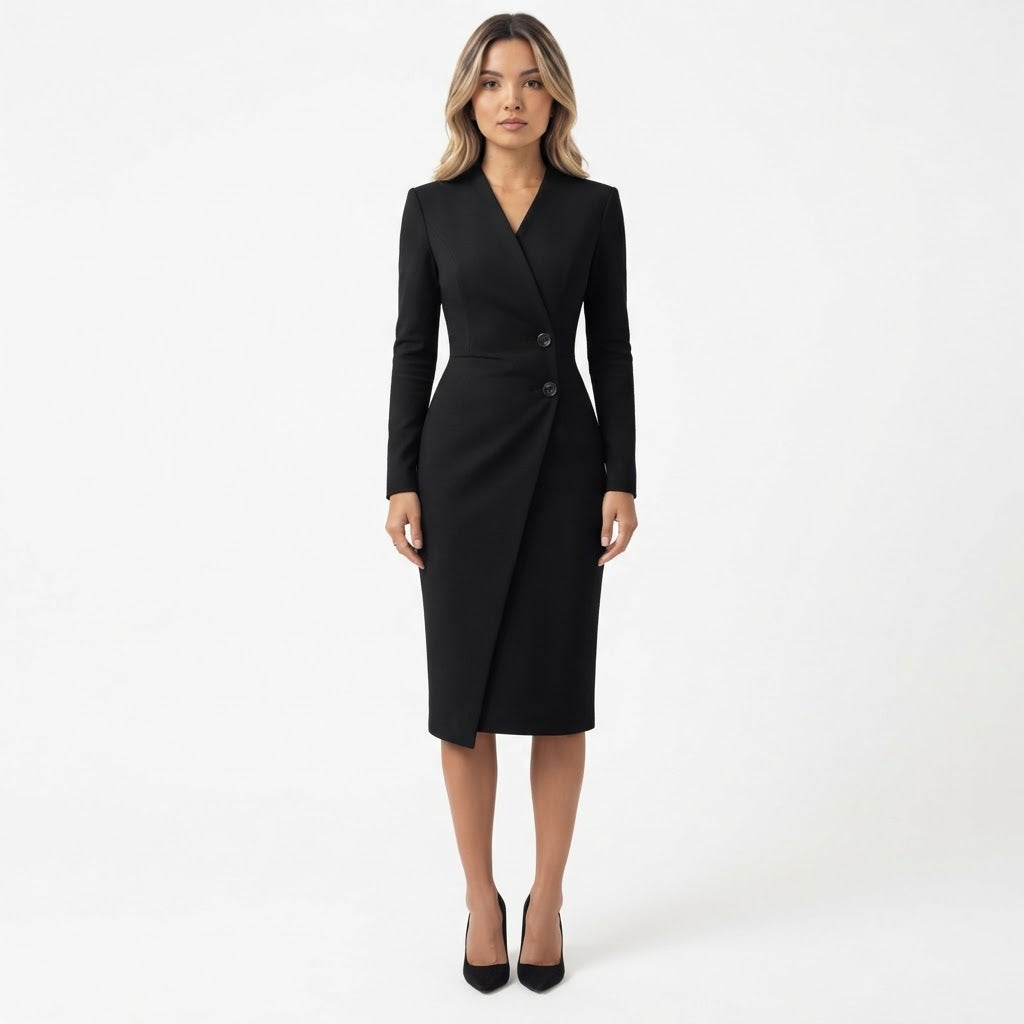 Vestido Midi Cruzado con Hombros Estructurados